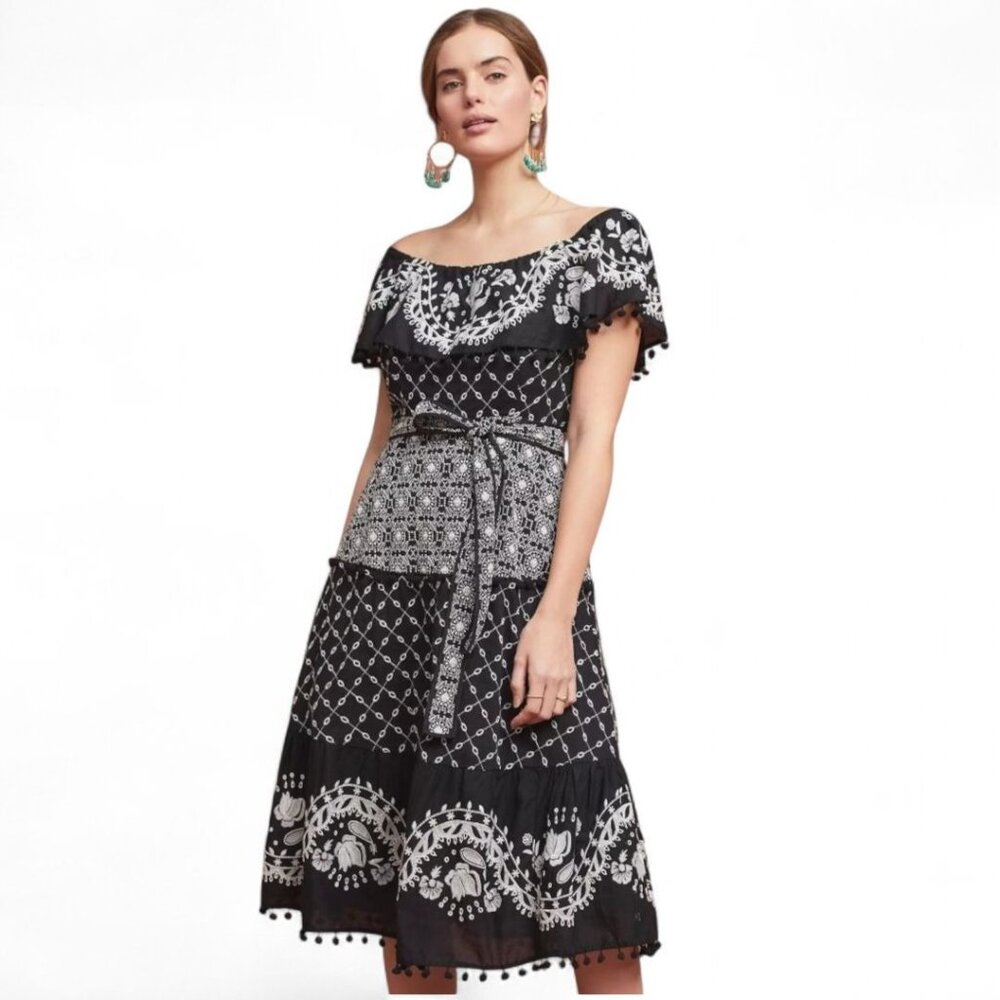 Anthropologie Marisol Off-Shoulder Embroidered Midi Dress Black/White Size US 6